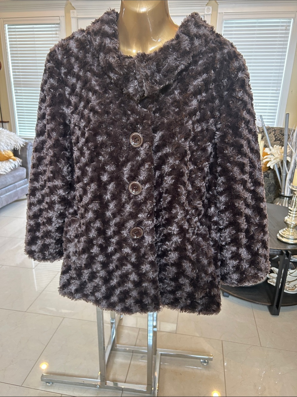 Multiples Plush Faux Fur Button-Front Jacket - Dark Brown